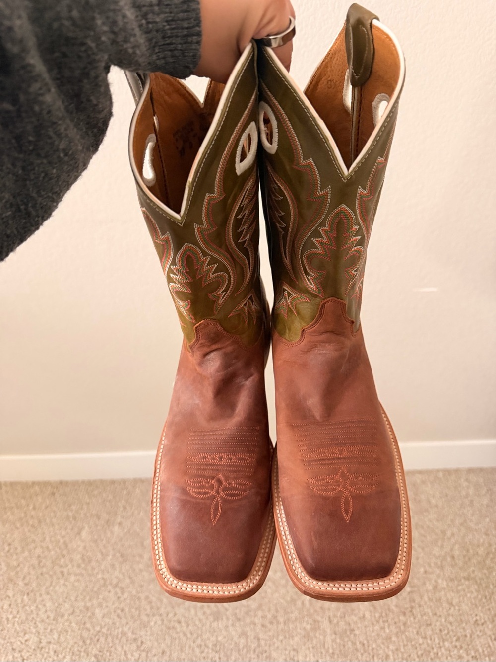 Justin Boots Brown Foot Olive Green Shaft Western Boots